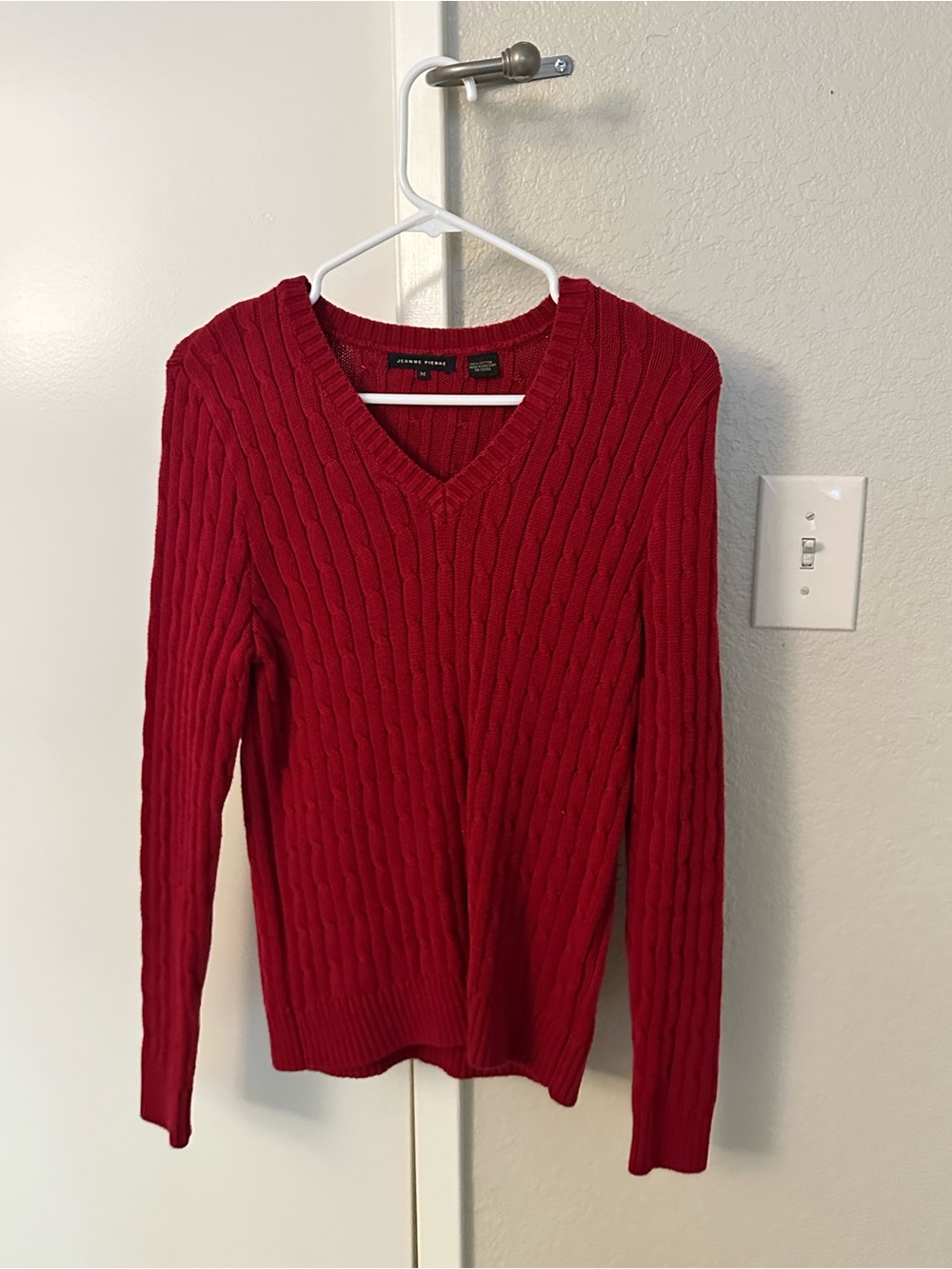 Jeanne Pierre Cable Knit V-Neck Sweater - Red Size M